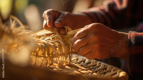 Closeup of a basket weavers hands deftly intertwining thin strips of bamboo into a sy basket. © Justlight