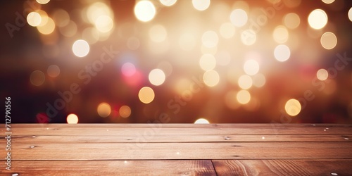 Vintage filtered wood table top with blurred bokeh background - ideal for product display or montage.