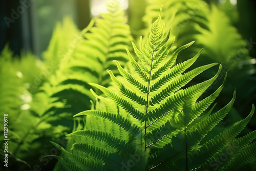 A vibrant green fern in the sunlight  with a backdrop of dense foliage