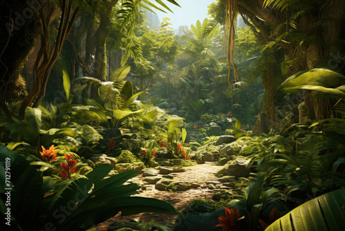 A lush, tropical rainforest with a variety of plants and trees photo