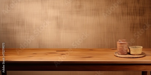 Product display montage featuring an empty brown wooden table.