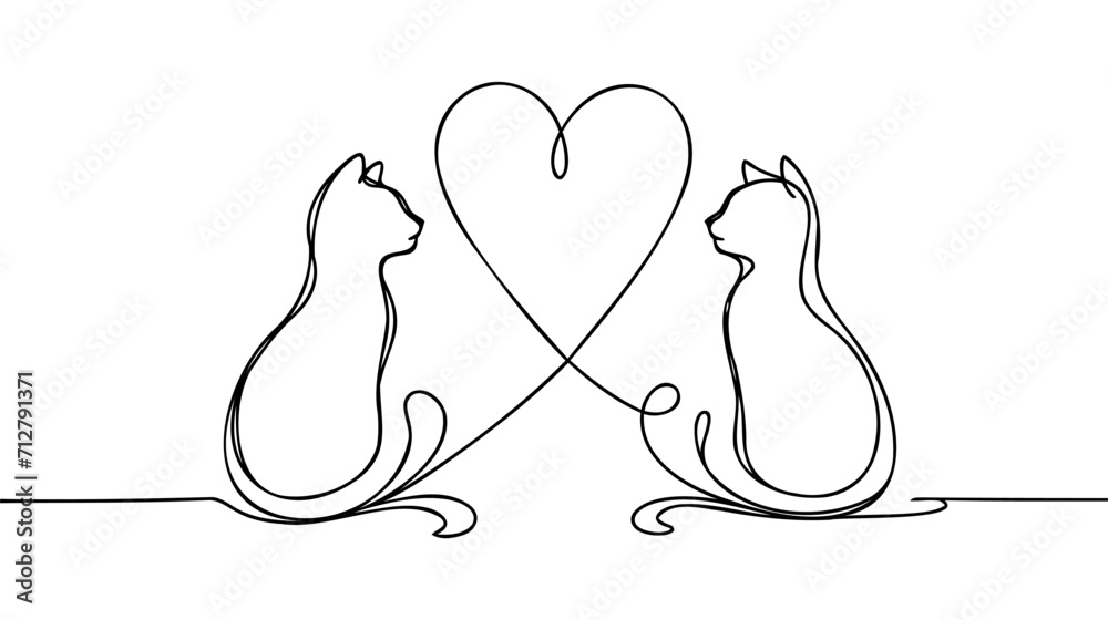 One line continuous cats and heart symbol. Line art love banner concept. Hand drawn, outline vector illustration - obrazy, fototapety, plakaty 