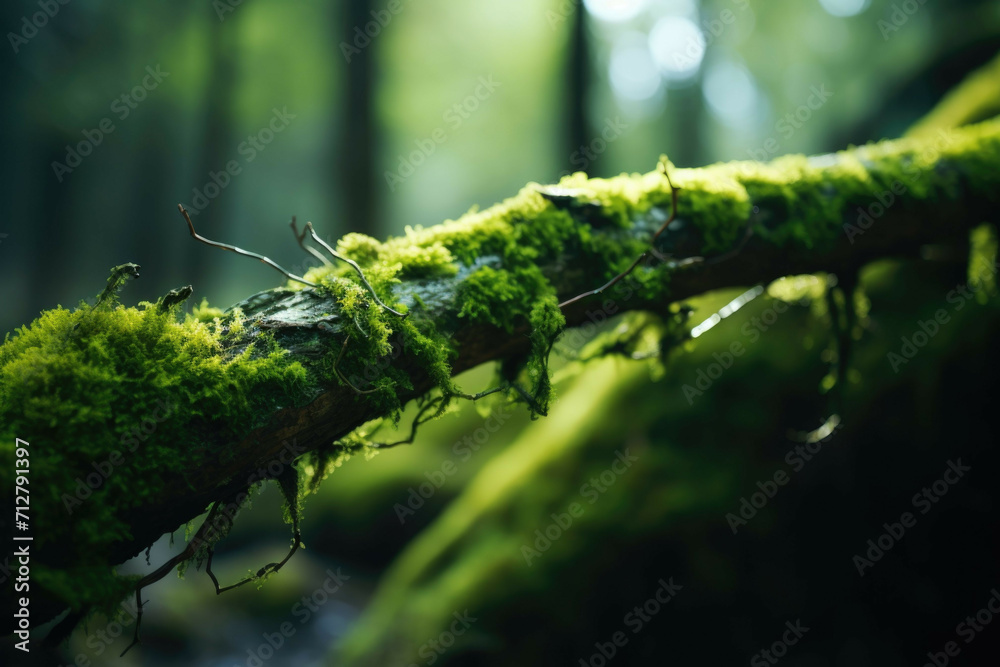 A tree branch with bright green moss A tree branch with bright green moss