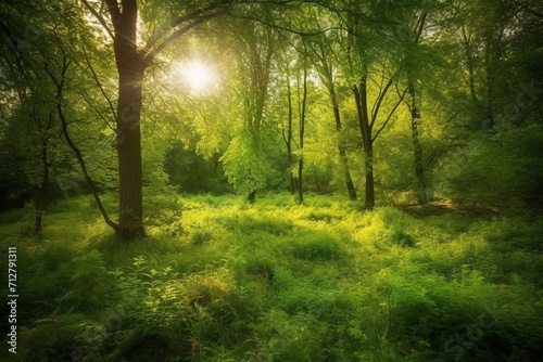 A beautiful scene of vibrant green forest illuminated by warm sunlight. Generative AI © Leila