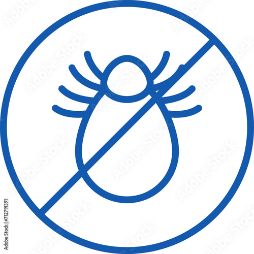 Blue tick icon denying insect. Pest control symbol with prohibition sign. Bug prevention and protection vector illustration.