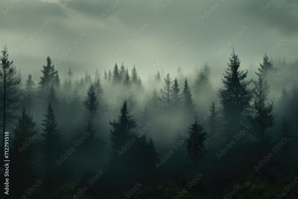 A forest of pine trees in the fog A forest of pine trees in the fog
