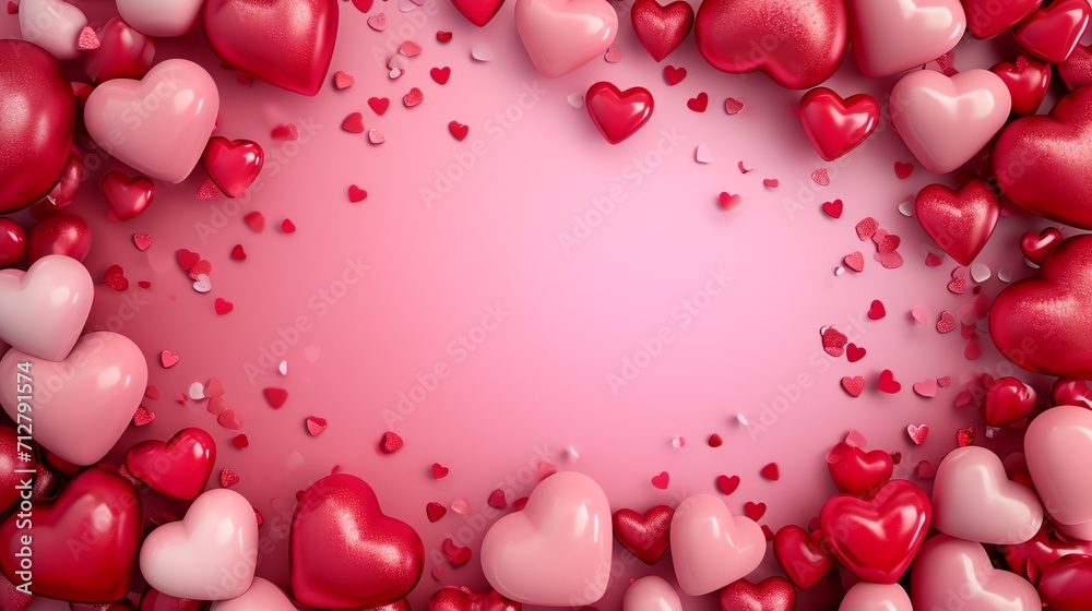 Valentine background with a border of pink and red hearts