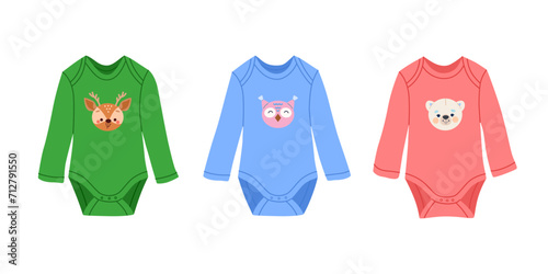 Set of long sleeve cotton bodysuits for babies with designs of cute forest animals. Vector illustration on white isolated background.