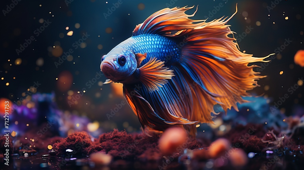 Vibrant red and blue betta fish in dazzling bokeh underwater macro photography Vibrant red and blue betta fish in dazzling bokeh underwater macro photography