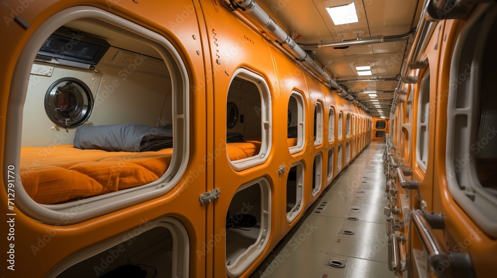 Sleek and comfortable interior of a contemporary capsule hotel with modern design and cozy ambiance