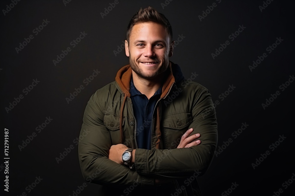 Portrait of a handsome man smiling with arms crossed on dark background