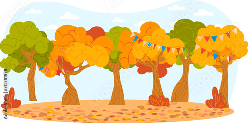 Cartoon autumn park landscape with colorful trees and fallen leaves. Seasonal fall nature scene with festive bunting flags. Autumnal park scenery for background or banner vector illustration.