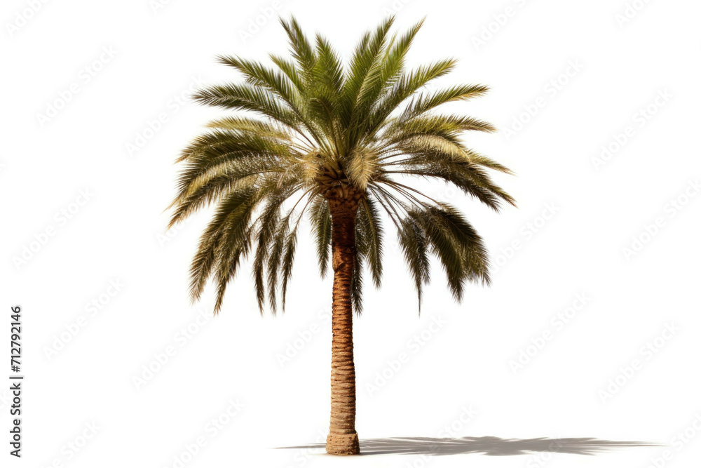 A mature palm tree with its tall trunk and long fronds, isolated on white background