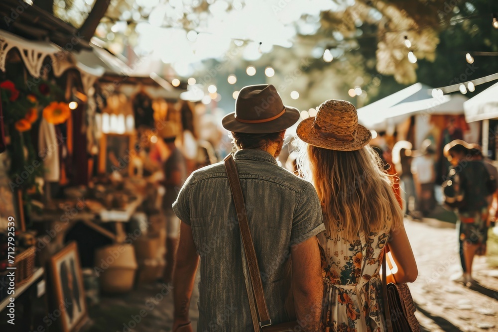 Back view of a couple walking in a traditional art market. Tourists visit a craft and art exhibition stand