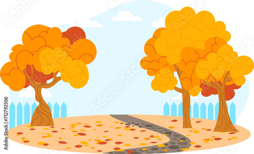 Autumn park scene with vibrant yellow-orange trees and falling leaves, winding path, and fence. Seasonal landscape with foliage. Vector illustration.