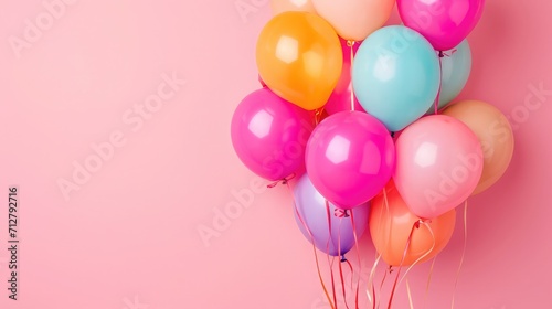 Bunch of bright balloons on pink background, space for text. photo