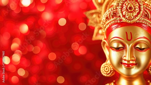 Close-up of a golden Hindu Goddess statue with bokeh background
