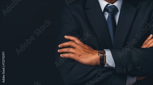 Close-up of a man's crossed arms in a suit photo