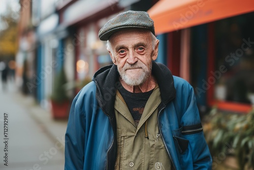 Portrait of an elderly man in a cap and coat on the street © Iigo