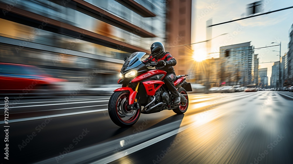 Fototapeta premium Adrenaline fueled motorcycle rider racing on asphalt road at high speed