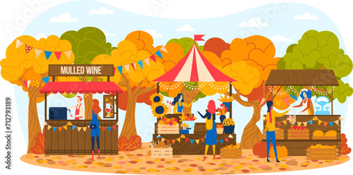 Autumn fair with people at stalls selling mulled wine and pies, colorful fall trees. Seasonal festival marketplace, cozy fall vibes vector illustration.