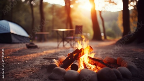 Closeup of a peaceful campsite with a campfire, surrounded by tall trees and a serene natural landscape. photo