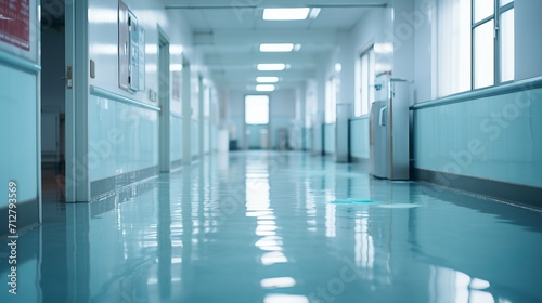 Serene and spacious empty hospital hallway with unfocused background and clean, well lit environment