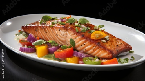 Delicious grilled salmon with colorful veggies and tangy lemon herb sauce served on a white plate