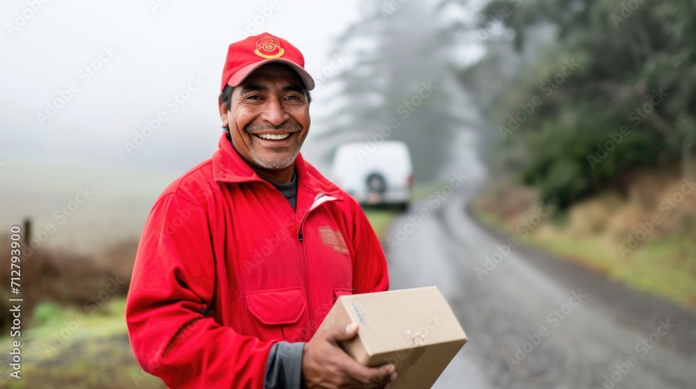 Smiling Delivery Professional in Red Uniform Providing Timely Service on Rural Road