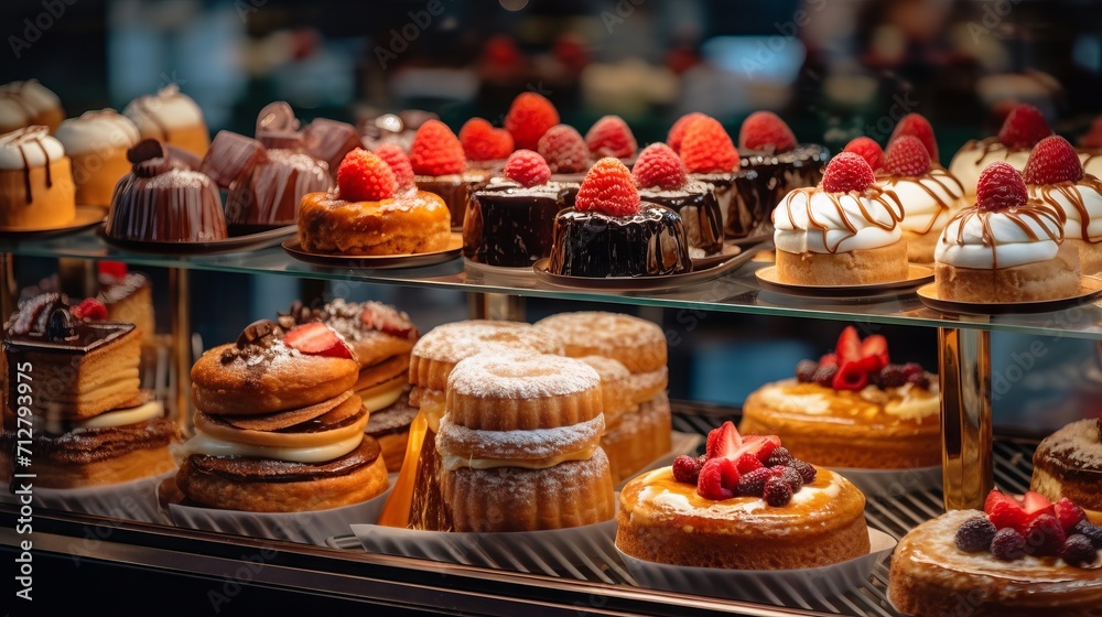 A variety of baked goods on display in a pastry shop, including croissants, eclairs and cakes. Concept: bakery with sweet products
