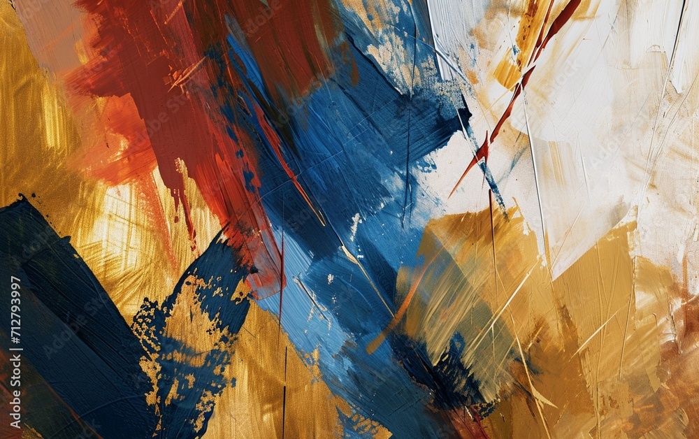 Abstract painting featuring blue, gold and red tones.  Perfect for adding a pop of color to websites, social media posts or printed materials.