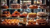 A variety of baked goods on display in a pastry shop, including croissants, eclairs and cakes. Concept: bakery with sweet products
