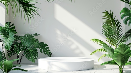 Transform your beauty and fashion banner with a white podium and nature leaves, creating a minimal product display in an empty studio scene. Generated AI
