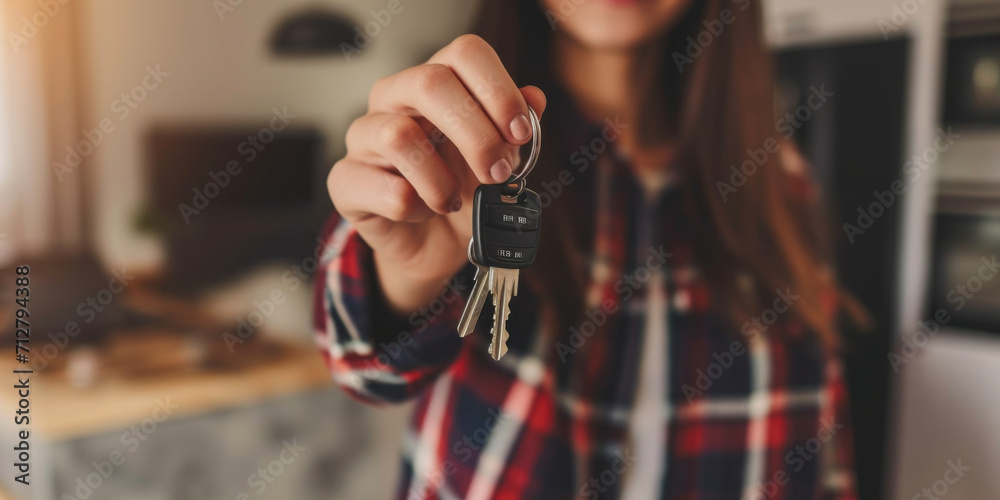 a young woman holding keys, generative AI