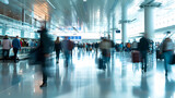 a busy airport terminal with people walking around, motion blurred photo