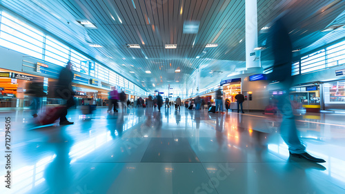 a busy airport terminal with people walking around, motion blurred photo photo