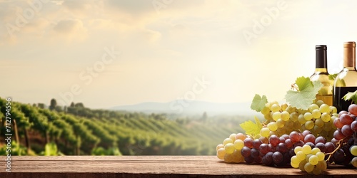 Tabletop with vineyard and grape background, showcasing wine products in a rustic winery banner.