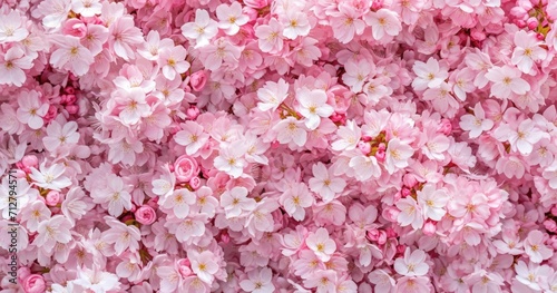Cherry Blossom close-up of pink cherry blossoms, dense floral coverage, delicate petals, spring bloom, soft-focus background, shades of pink and white