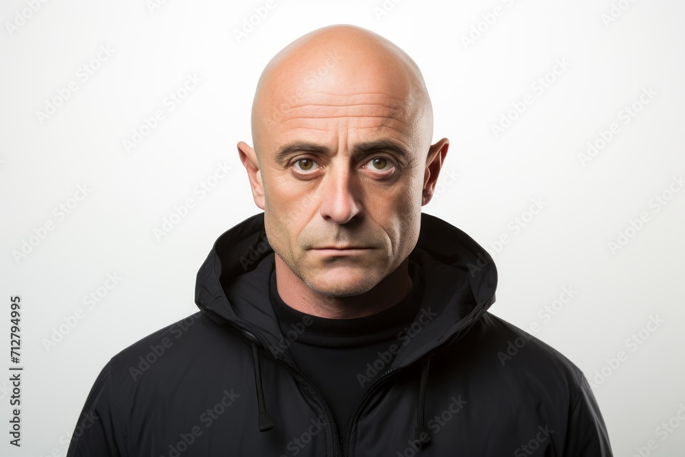 Portrait of a bald man in a black jacket on a white background