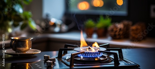 Burning gas stove flame with black cast iron frame in kitchen interior