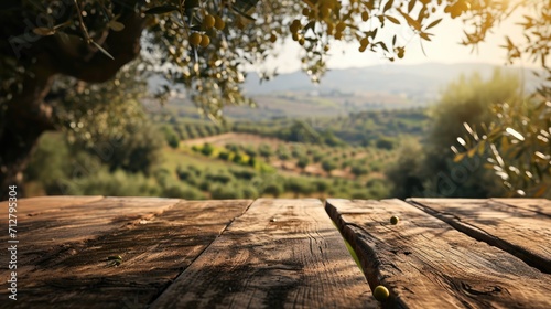 Olive Grove Essence: A Wooden Table, Empty with Abundant Copy Space, Placed over an Olives Field Background, Eliciting Thoughts of Freshness and Agricultural Abundance.