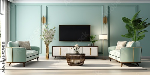 Art Deco style luxury living room interior in mint colors with a sofa, two armchairs, coffee table, TV unit, console, and floor lamp - . photo