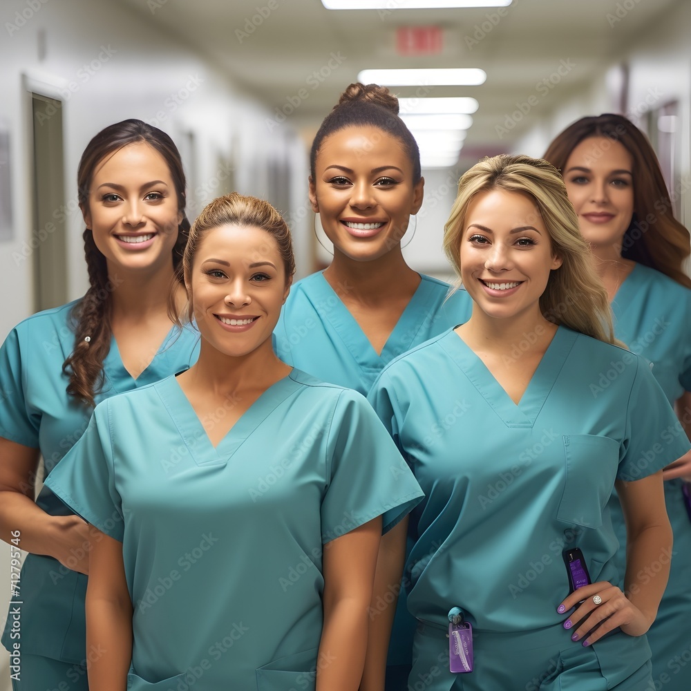 Group of nurses pose together in a hospital hallway - generative AI