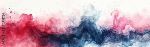 Watercolor abstract background on white canvas with dynamic mix of dark red and dark blue colors, banner, panorama photo