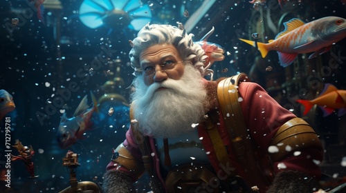 A detailed 3D model of Santa Claus exploring an underwater world, surrounded by colorful fish.