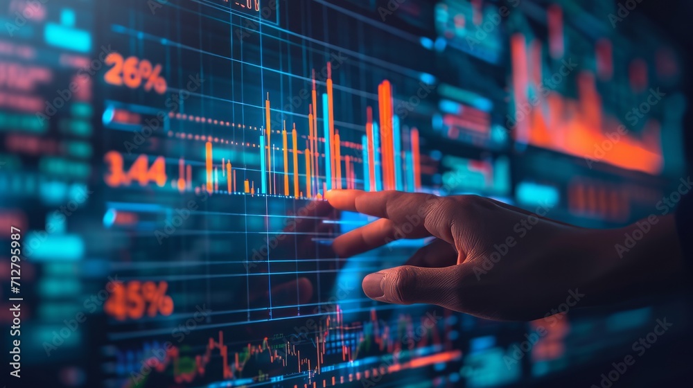 Hand Touching Screen With Graphs, Data Analysis and Visualization Concept