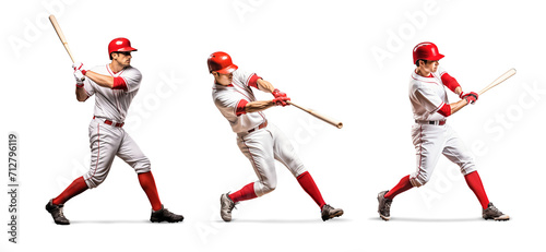 set of baseball player swinging their bat to hit a ball