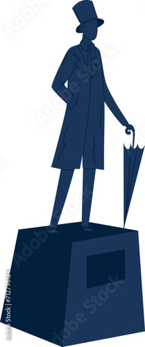 Monocolor vector illustration of a stylized man in a top hat and coat standing confidently with an umbrella. Elegant gentleman statue icon, classic fashion silhouette.