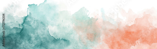 Watercolor abstract background on white canvas with dynamic mix of muted teal and coral, banner, panorama photo