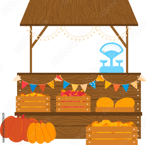 Farmers market stall with wooden crates full of fresh pumpkins. Colorful bunting and weight scale on the stand. Autumn harvest and organic produce vector illustration.